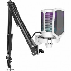 Microfone Gamer Fifine Ampligame A6T, RGB, USB, White, Com Braço Articulado